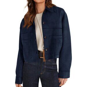 Women's Faux Suede Cropped Jacket Casual Lightweight Spring Outerwear Navy Blue